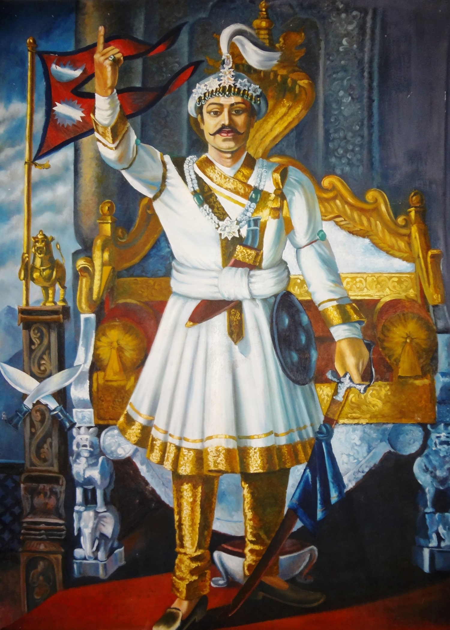 Standing picture of Prihvi Narayan Shah indicating single and unified Nepal.